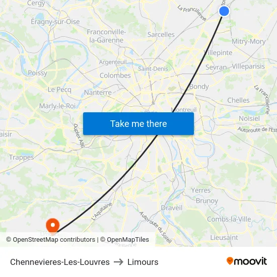 Chennevieres-Les-Louvres to Limours map