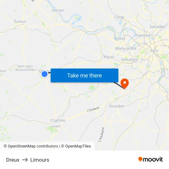 Dreux to Limours map