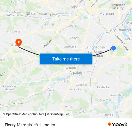 Fleury-Merogis to Limours map