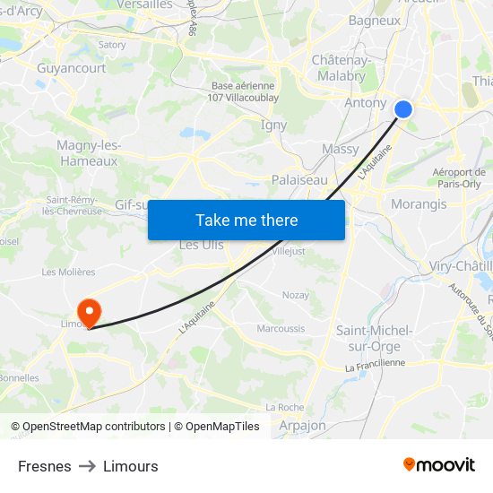 Fresnes to Limours map