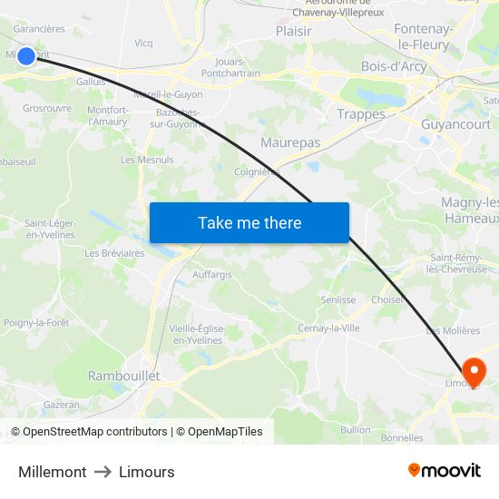 Millemont to Limours map