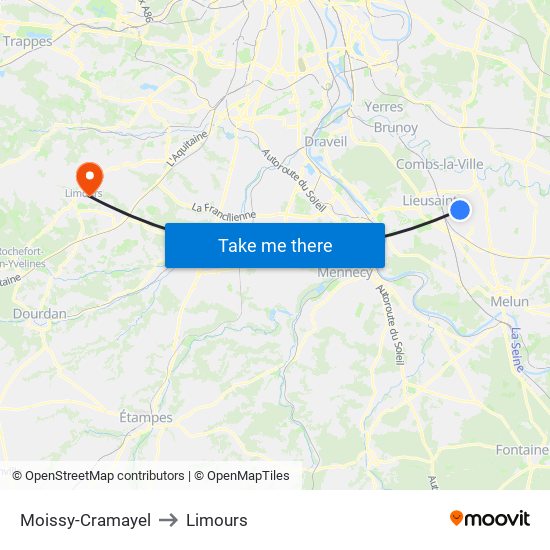 Moissy-Cramayel to Limours map
