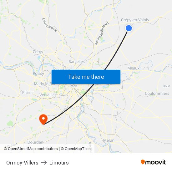 Ormoy-Villers to Limours map