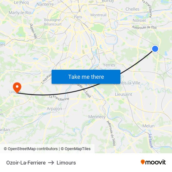 Ozoir-La-Ferriere to Limours map
