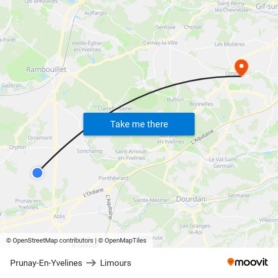 Prunay-En-Yvelines to Limours map