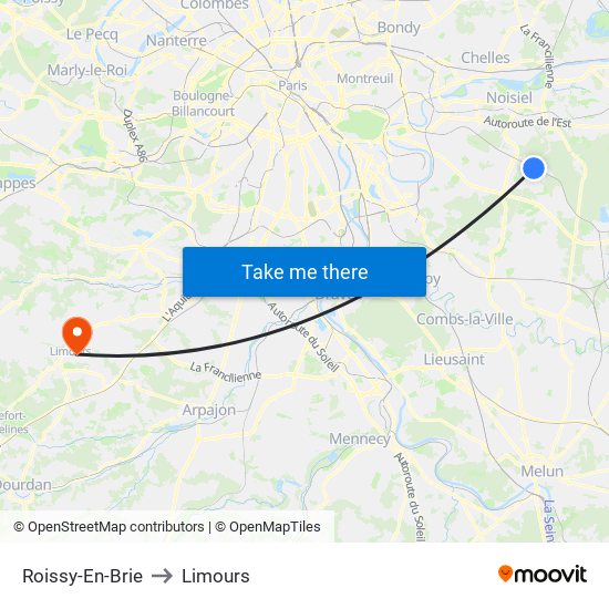 Roissy-En-Brie to Limours map