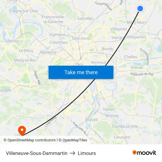 Villeneuve-Sous-Dammartin to Limours map