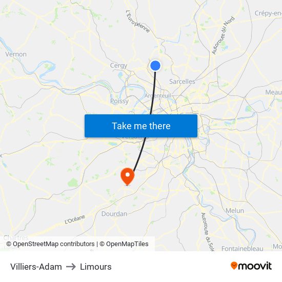 Villiers-Adam to Limours map