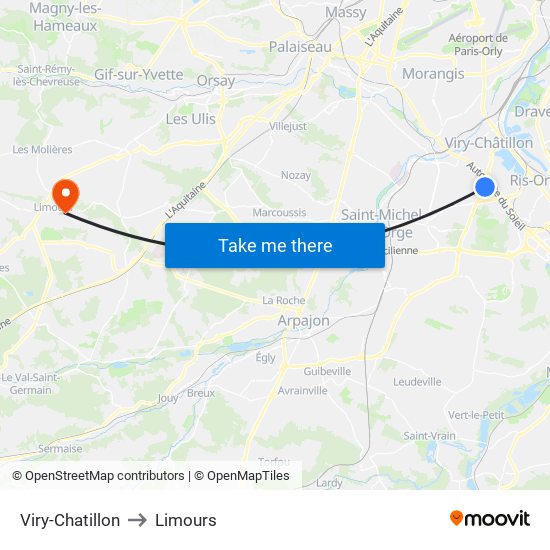 Viry-Chatillon to Limours map
