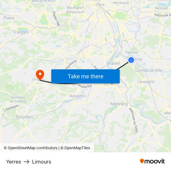 Yerres to Limours map