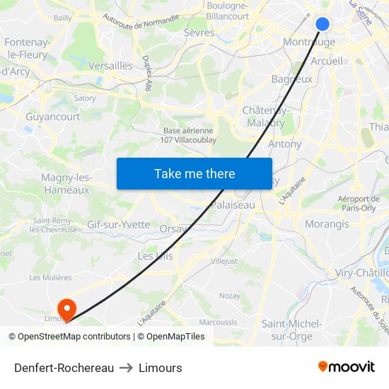 Denfert-Rochereau to Limours map