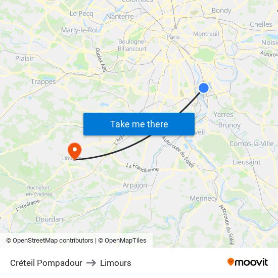 Créteil Pompadour to Limours map