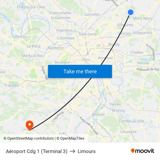 Aéroport Cdg 1 (Terminal 3) to Limours map