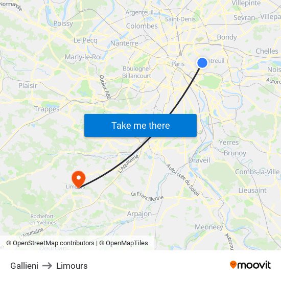 Gallieni to Limours map