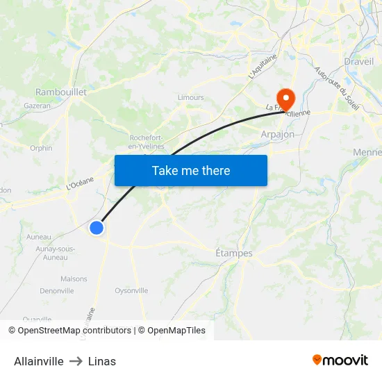 Allainville to Linas map