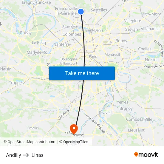 Andilly to Linas map