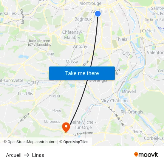 Arcueil to Linas map