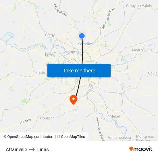 Attainville to Linas map