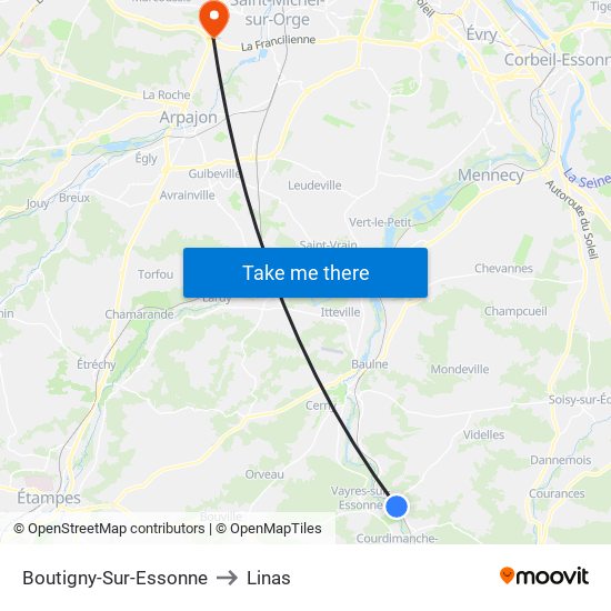 Boutigny-Sur-Essonne to Linas map