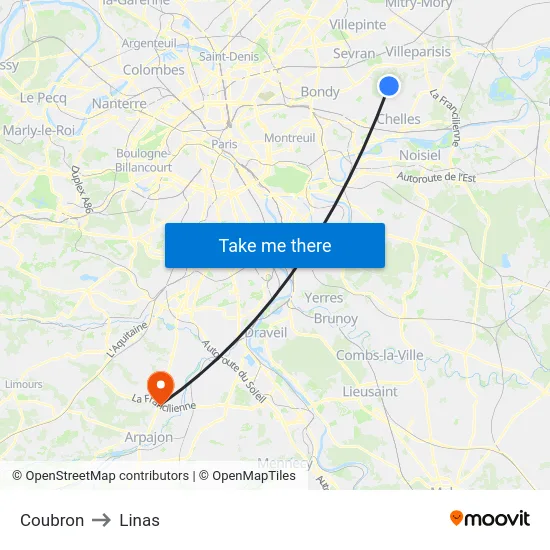 Coubron to Linas map