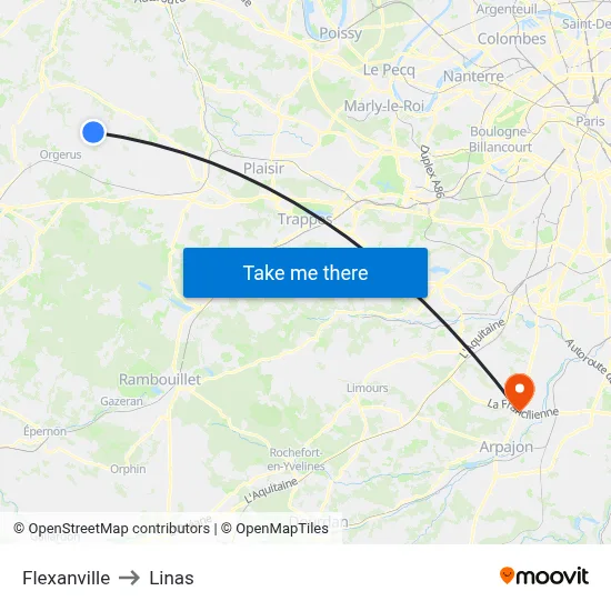 Flexanville to Linas map