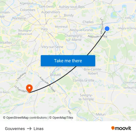 Gouvernes to Linas map
