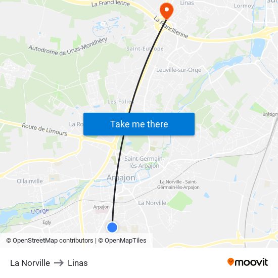 La Norville to Linas map
