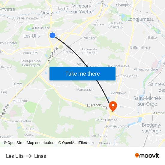 Les Ulis to Linas map