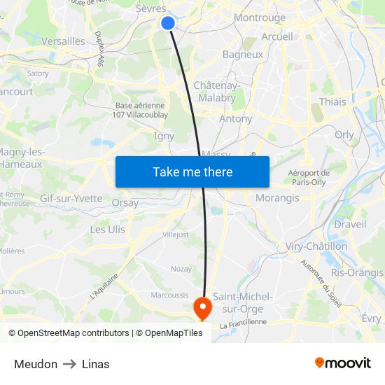 Meudon to Linas map