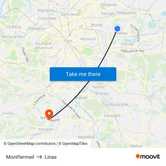 Montfermeil to Linas map