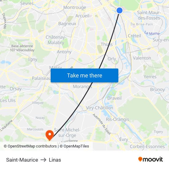 Saint-Maurice to Linas map