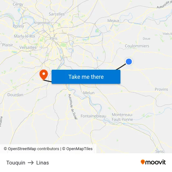 Touquin to Linas map