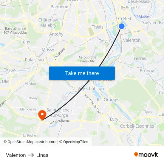 Valenton to Linas map