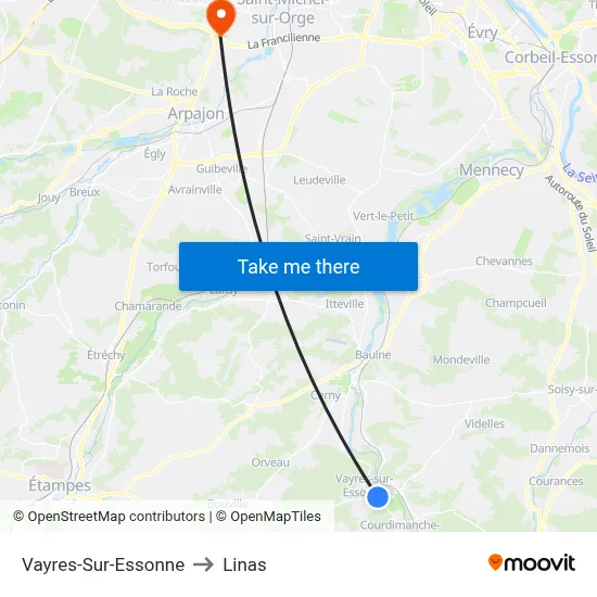 Vayres-Sur-Essonne to Linas map