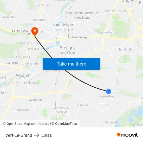 Vert-Le-Grand to Linas map