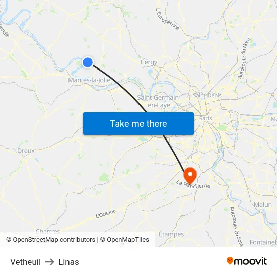 Vetheuil to Linas map