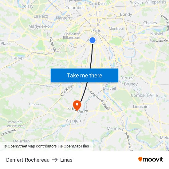 Denfert-Rochereau to Linas map