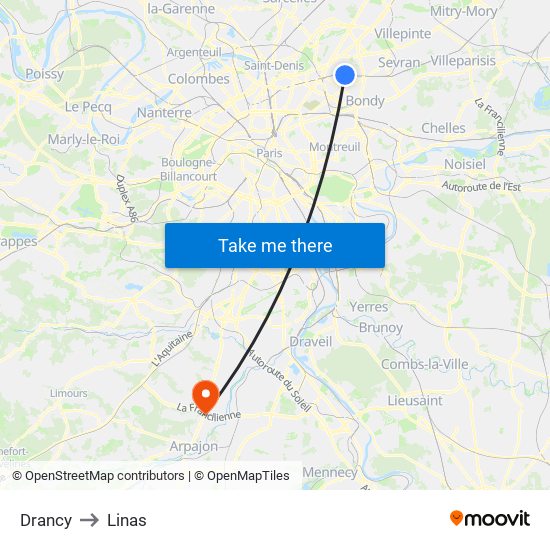 Drancy to Linas map