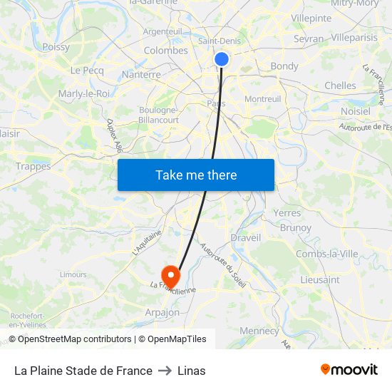 La Plaine Stade de France to Linas map
