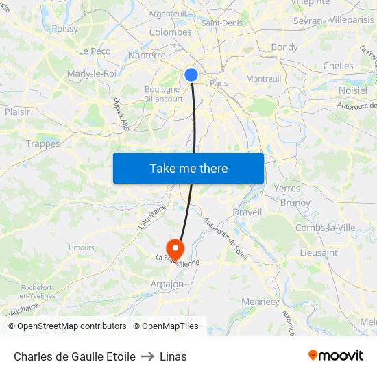 Charles de Gaulle Etoile to Linas map