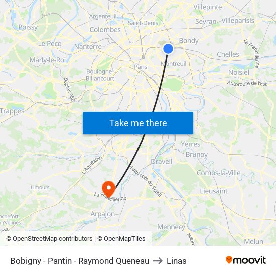 Bobigny - Pantin - Raymond Queneau to Linas map