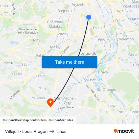 Villejuif - Louis Aragon to Linas map