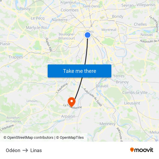 Odéon to Linas map