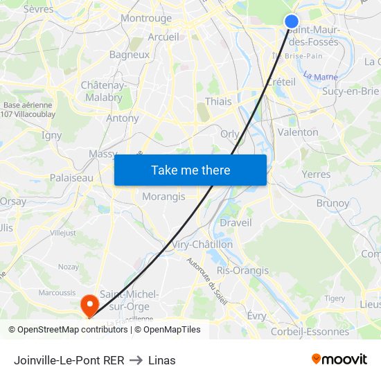 Joinville-Le-Pont RER to Linas map