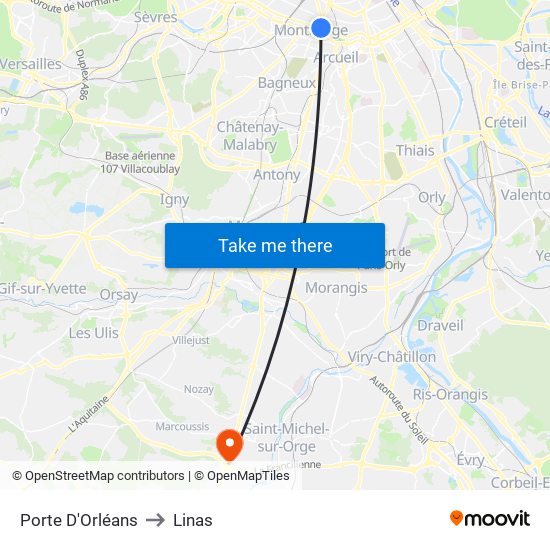 Porte D'Orléans to Linas map