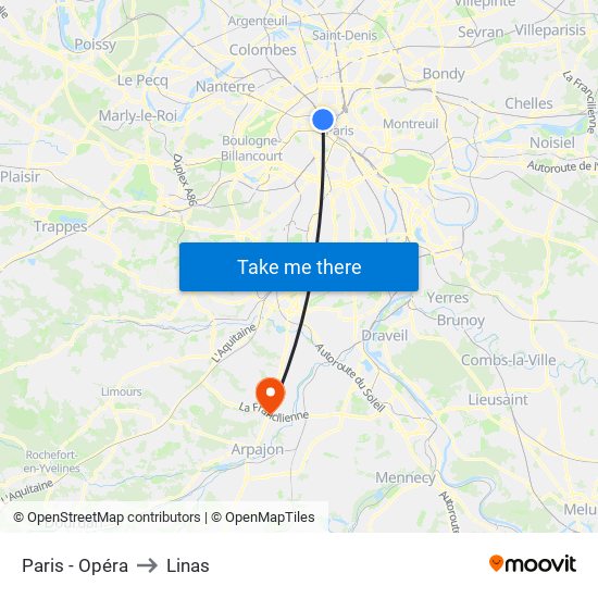 Paris - Opéra to Linas map