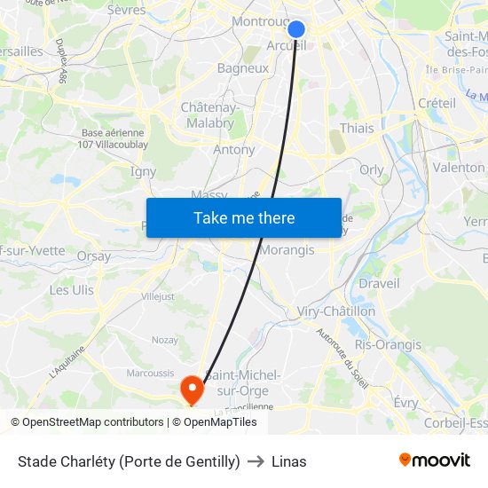 Stade Charléty (Porte de Gentilly) to Linas map