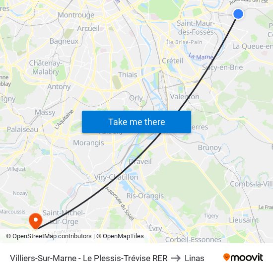 Villiers-Sur-Marne - Le Plessis-Trévise RER to Linas map