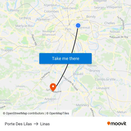Porte Des Lilas to Linas map
