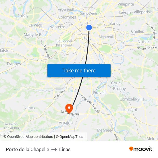 Porte de la Chapelle to Linas map